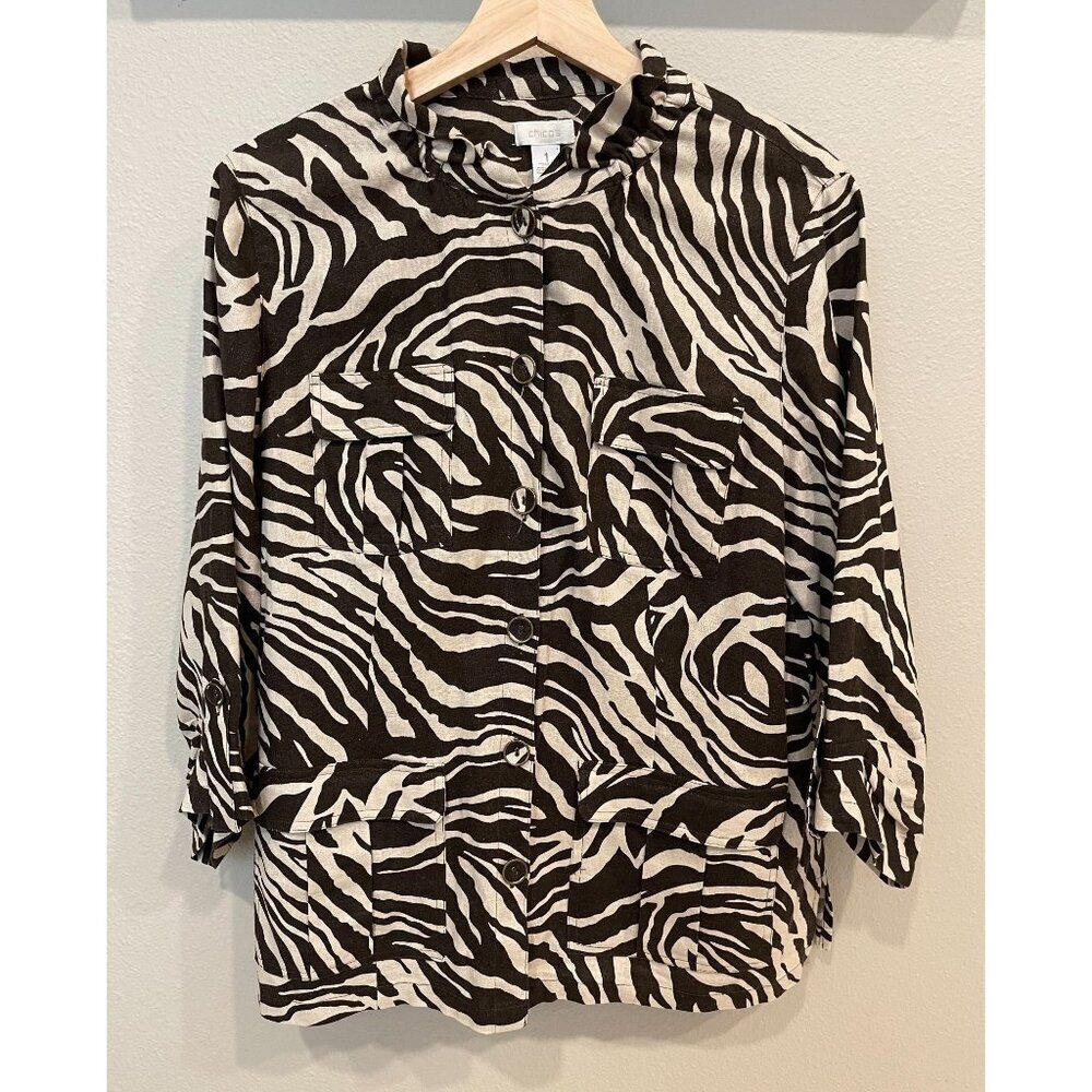 Chico's Button Up Shirt Jacket Size 1 Animal Print 3/4 Sleeves Linen Blend